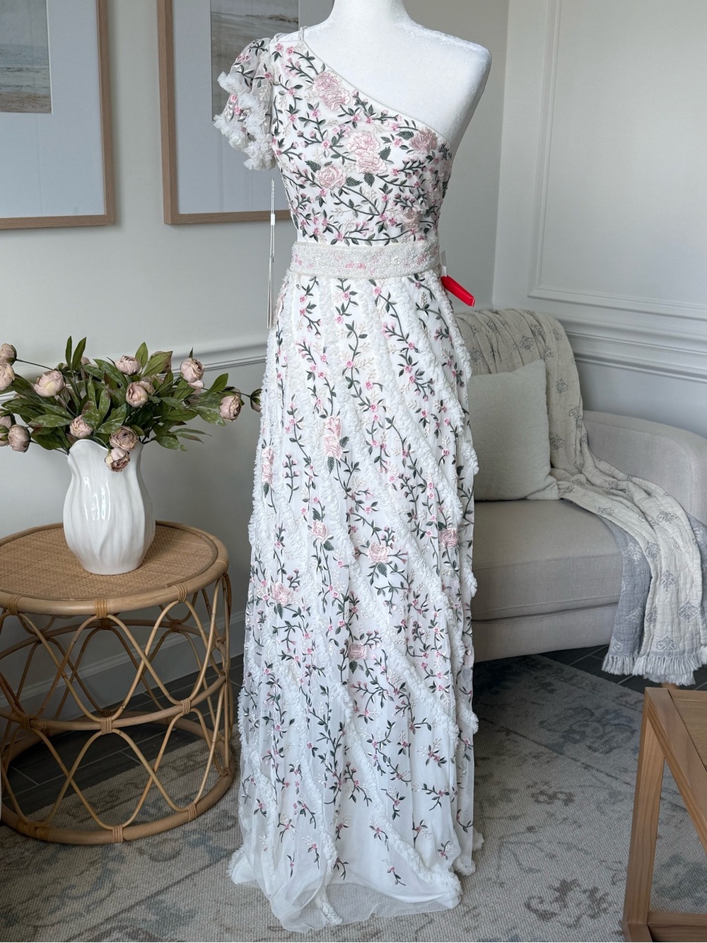 NWT~ Mac Duggal One-Shoulder White and Pink Floral Maxi Dress